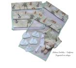 Kit c/ 5 Saquinhos Maternidade em Tule com zíper e viés Diversas Estampas e Tags Bordados + Naninha com Pelucia