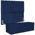 Kit Cabeceira Cama Box Casal 140cm Calçadeira Recamier Baú Dália W01 Suede Azul Marinho - Lyam Decor