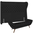 Kit Cabeceira Cama Box Casal 160 cm Madrid com Puff Recamier Santorini Veludo Preto - Lyam Decor