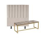 Kit Cabeceira Carla e Calçadeira Industrial 160cm Queen Size Box Ferro Dourado Suede Bege - Ahz Móveis