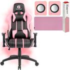 Kit Cadeira Gamer Confortável Até 120kg Com Almofada de Lombar e  Pescoço Cor Rosa + Mousepad 80X40CM Speed Rosa e Caixa de Som Gamer