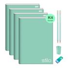 Kit Caderno Brochura Capa Dura 80 folhas 4un Stilo Verde Pastel + Kit Lápis Borracha Apontador tons Pastéis Escolar