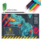 Kit Caderno de Desenho Raptor Dinossauro 80fls Capa Dura Adesivos com Lápis de Cor Faber-Castell Lápis Apontador