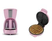 Kit Cafeteira Inox Rosa Britânia 15 Xícaras + Waffle Maker Antiaderente Rosa - 110V