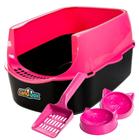 Kit Caixa De Areia Sanitário Para Gatos Sandbox Furba Cor Rosa + 1 Pá + 2 Comedouros Jel Plast