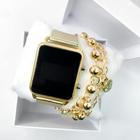 Kit caixa relógio dourado metal led digital quadrado e pulseira feminina fashion
