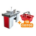 KIT - Caixa Supermercado Empacotador Check-out 1,5m Recorte + 10 Cestos de Compras Vermelho