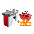 KIT - Caixa Supermercado Empacotador Check-out 1,5m Recorte + 5 Cestos de Compras Vermelho