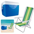 Kit Caixa Termica Azul 75 L Alca e Divisoria+ Cadeira Reclinavel Aluminio Praia / Pesca Mor