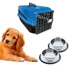 Kit Caixa Transporte Pet N3 Azul + 2 Tigela Inox Ração Água - MecPet