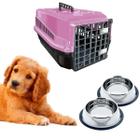 Kit Caixa Transporte Pet N4 Rosa + 2 Potes Inox Ração Água