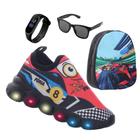 Kit Calçado de Menino com Luzinha de Led Carros + Mochila Escolar + Relógio e Óculos