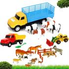 Kit Caminhão Animais Brinquedo Infantil Trator Fazenda 27 Peças Boi Vaca Carneiro Cachorro Cabrito