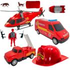 Kit Caminhão Carro Dos Bombeiros Barco Helicoptéro Brinquedo Capacete 11 Peças