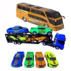 Kit Caminhão Cegonheira Cegonha Com 4 Carrinho Com Ônibus Buzão Brinquedo Criança