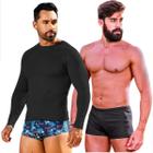 Kit Camisa Térmica Com Sunga Boxer Zíper Lateral e Bolso Proteção Térmica Uv Short Banho Com Ajuste Adulto Masculino Natação Surf Blusa Comprida