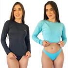 Kit Camisa Térmica Feminino Proteção UV Lisa com Conjunto Cropped e Calcinha Fio Duplo Praia Treino - Sigma