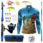 Kit Camiseta De Pesca Mais Artigos Para Pescaria Vara Telescopica Isca Molinete Proteção UV50