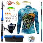 Kit Camiseta De Pesca Mais Artigos Para Pescaria Vara Telescopica Isca Molinete Proteção UV50