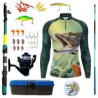 Kit Camiseta De Pesca Mais Artigos Para Pescaria Vara Telescopica Isca Molinete Proteção UV50