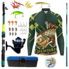 Kit Camiseta De Pesca Mais Artigos Para Pescaria Vara Telescopica Isca Molinete Proteção UV50