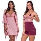 KIT Camisola Amamentação com Robe Rosê + Baby Doll Pijama Gestante Vinho/Rosê Moda de Baixo - V137