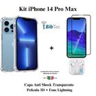 Kit Capa Capinha Transparente + Película 3D Vidro + Fone de Ouvido para Iphone 14 Pro Max