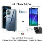 Kit Capa Capinha Transparente + Película 3D Vidro + Película Câmera Traseira + Cabo IOS/USB para Iphone 14 Pro