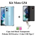 Kit Capa Capinha Transparente + Película 3D Vidro Privacidade + Cabo USB Tipo C para Moto G54