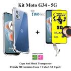 Kit Capa Capinha Transparente + Película Cerâmica Fosca +Cabo USB Tipo C para Moto G34