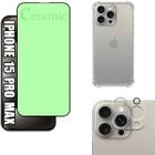 Kit Capa Capinha Transparente + Película Cerâmica + Película de Câmera para Iphone 15 Pro Max