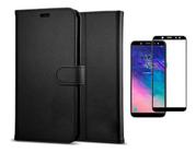 Kit Capa Carteira Flip Preta + Película 3D De Vidro Para Samsung Galaxy J8 2018 - LXL