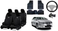 Kit Capa de Couro Honda City 09-16 + Tapetes e Capa de Volante Impermeável