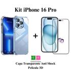 Kit Capa Transparente Anti Impacto + Película De Vidro 3D Iphone 16 / Plus / Pro / Max