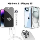 Kit Capa Transparente + Película 3D Vidro Privacidade + Película Câmera + Cabo Tipo C para Iphone 15