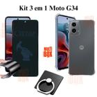 Kit Capa Transparente + Película Fosca Privacidade + Suporte de Anel para Moto G34