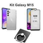 Kit Capinha Anti Shock Transparente + Película 3D de Vidro + Suporte de Anel para Samsung Galaxy M15