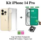 Kit Capinha Anti Shock Transparente + Película de Cerâmica + Suporte de Anel para Iphone 14 Pro