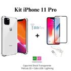 Kit Capinha Transparente + Película 3D de Vidro + Cabo IOS/USB para Iphone 11 Pro