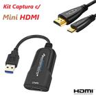 Kit Captura com Placa Captura + Cabo Mini HDMI Vídeo 30 fps PRETA Hdmi 3.0 Full Hd 1080 Live Streaming