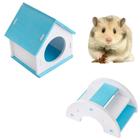 Kit Casa Refugio + Escada Ponte P/ Roedores Hamster Pet Azul - C3b