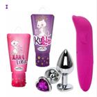 Kit Casal Vibrador Feminino + Plug Anal Coração + Gel Excitante Feminino + Gel Dessenssibilizante Anal