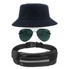 Kit Chapéu Bucket Hat, Pochete Ajustável Impermeável Saída De Fone E Óculos de Sol Piloto Em Metal Proteção UV400 MD-21