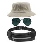 Kit Chapéu Bucket Hat, Pochete Ajustável Impermeável Saída De Fone E Óculos de Sol Piloto Em Metal Proteção UV400 MD-21