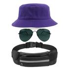 Kit Chapéu Bucket Hat, Pochete Ajustável Impermeável Saída De Fone E Óculos de Sol Piloto Em Metal Proteção UV400 MD-21