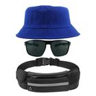 Kit Chapéu Bucket Hat, Pochete Ajustável Saída De Fone E Óculos de Sol Grande Retangular Unissex Armação Fosca MD-41