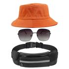 Kit Chapéu Bucket Hat, Pochete Ajustável Saída Fone E Óculos de Sol Geométrico Armação Metálica Lente Degrade MD-42