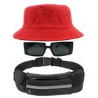 Kit Chapéu Bucket Hat, Pochete Ajustável Saída Fone E Óculos de Sol Retangular Estreito Armação Grossa Geométrica MD-32