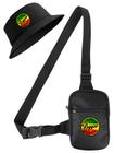 Kit Chapeu Bucket Preto + Shoulder Bag Mini Bolsa Lateral Masculina Estampa Reggae