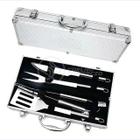 Kit Churrasco 4 Peças Espátula, Faca, Garfo, Pegador em Aço Inox com Maleta em Alumínio - DRAIK